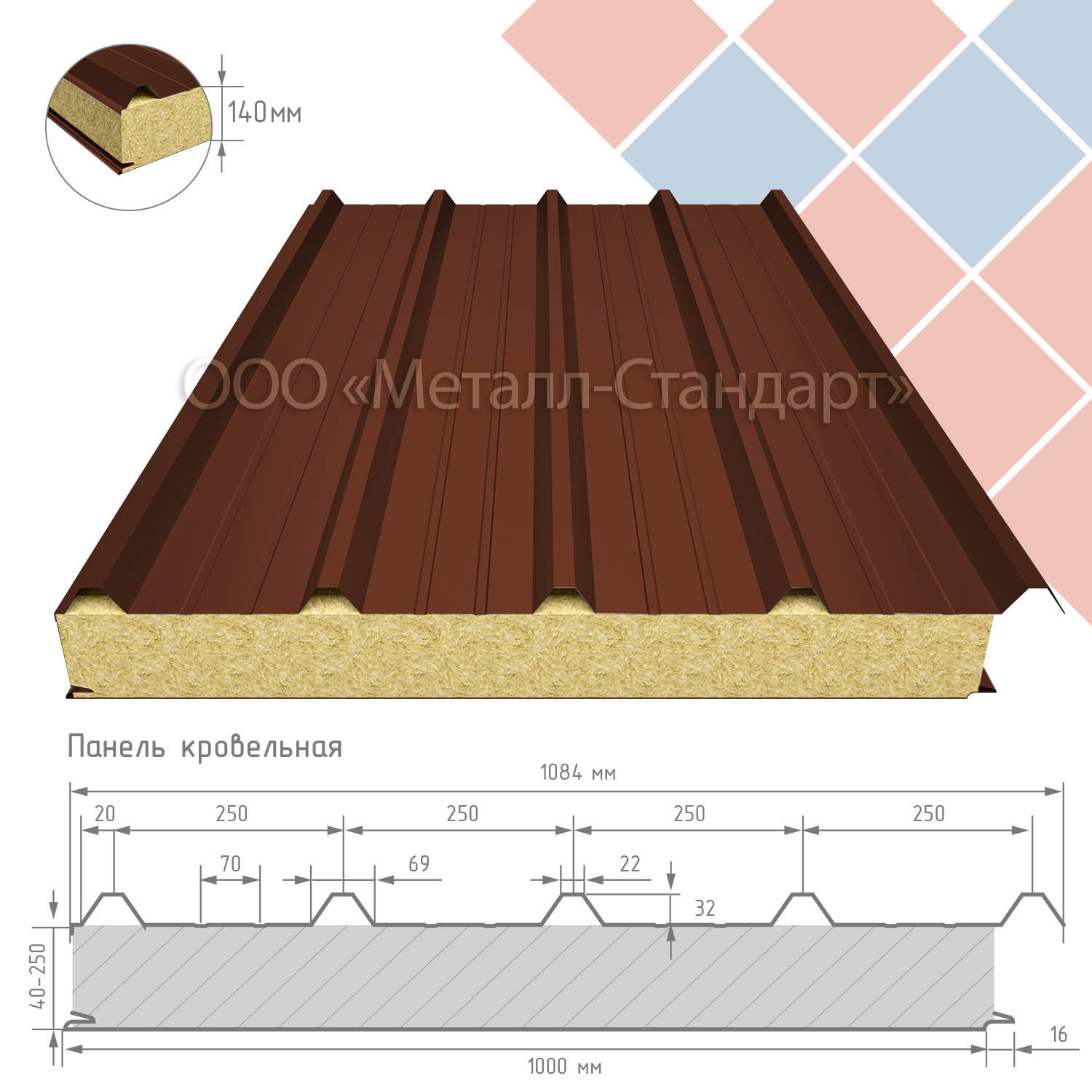Кровельная сэндвич-панель 140 мм утеплитель пенополистирол RAL 8029 Перламутровый медный