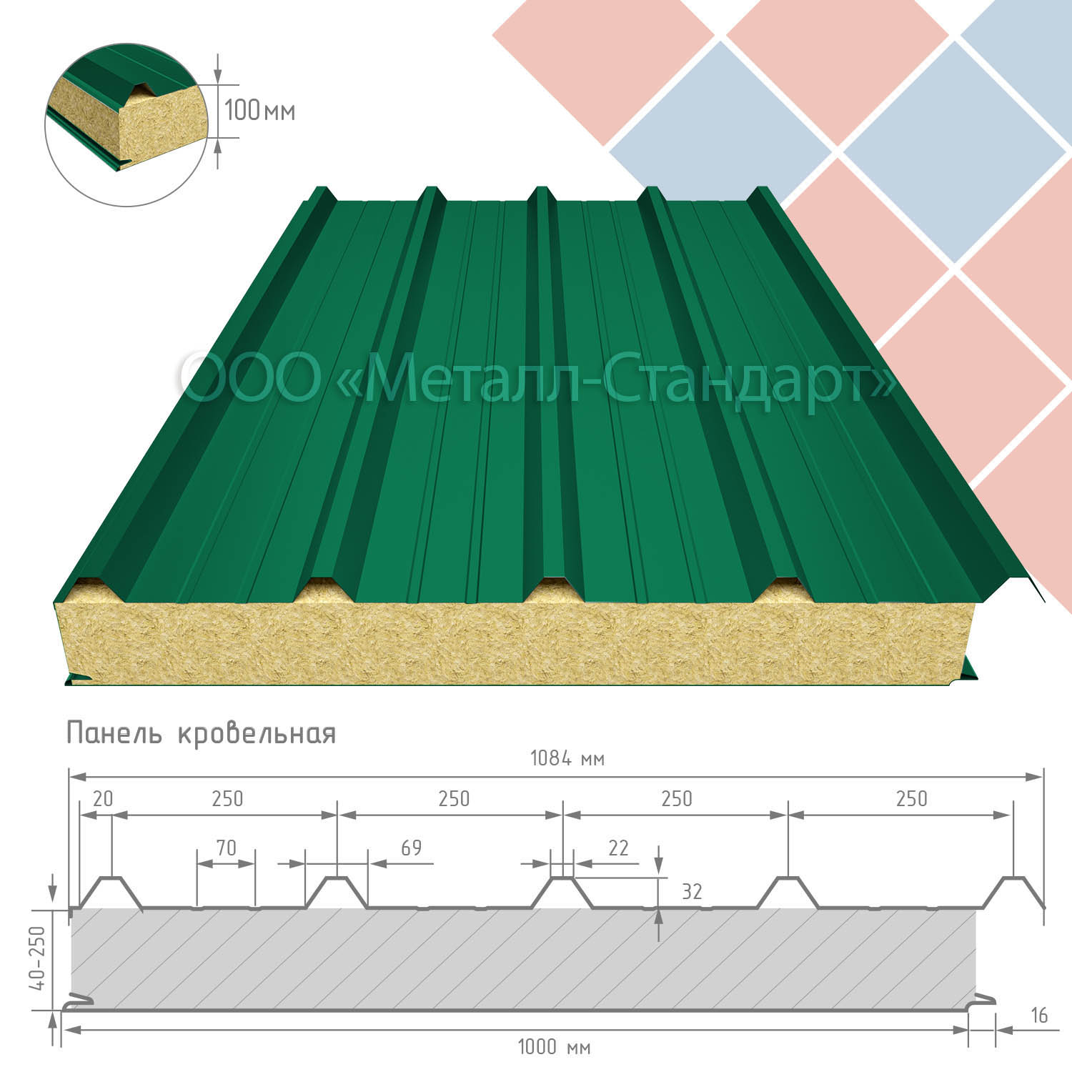 Кровельная сэндвич-панель 100 мм утеплитель минеральная вата RAL 6032 Сигнальный зелёный