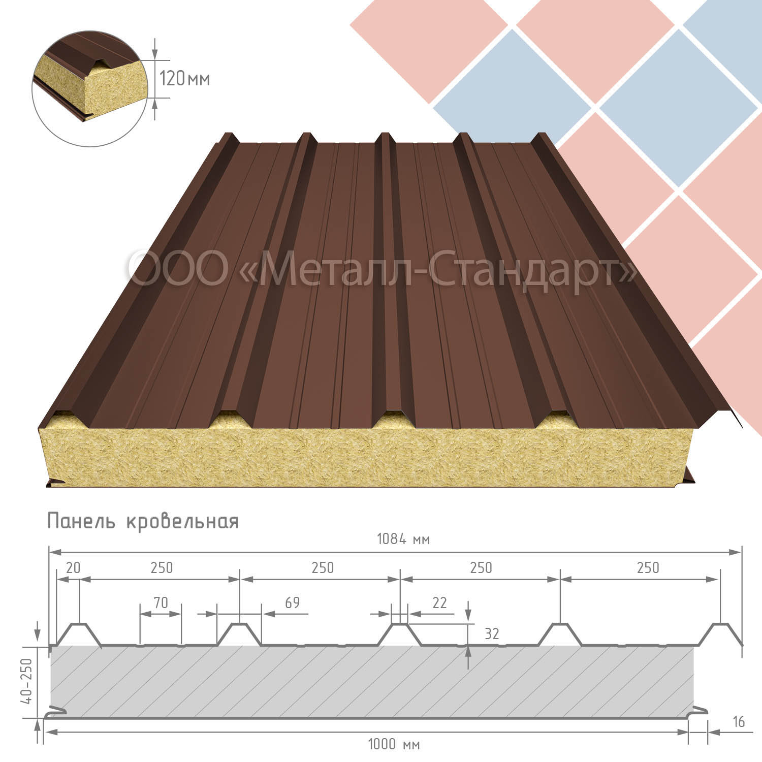 Кровельная сэндвич-панель 120 мм утеплитель пенополистирол RAL 8002 Сигнальный коричневый