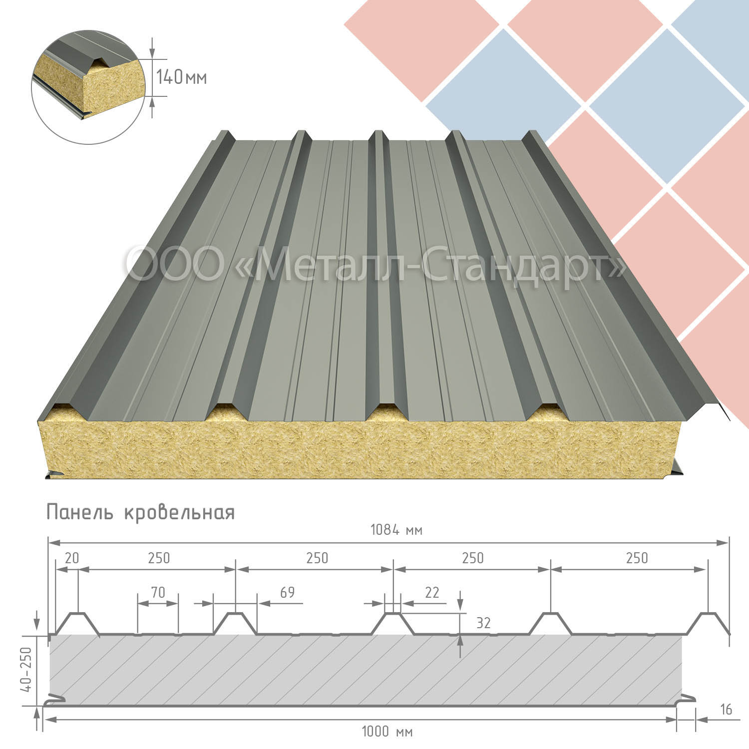 Кровельная сэндвич-панель 140 мм утеплитель минеральная вата RAL 7032 Галечный серый