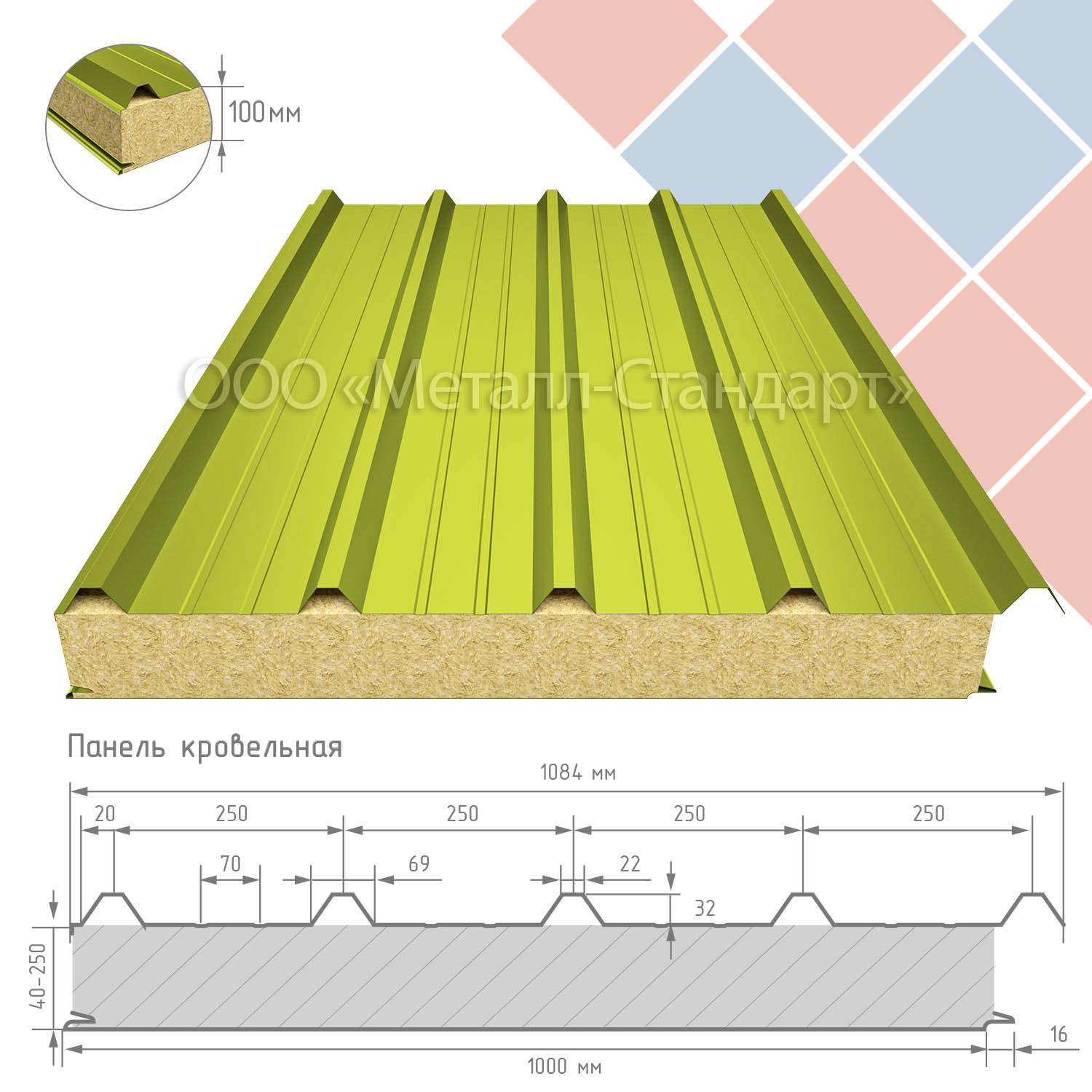 Кровельная сэндвич-панель 100 мм утеплитель пенополистирол RAL 1016 Жёлтая сера