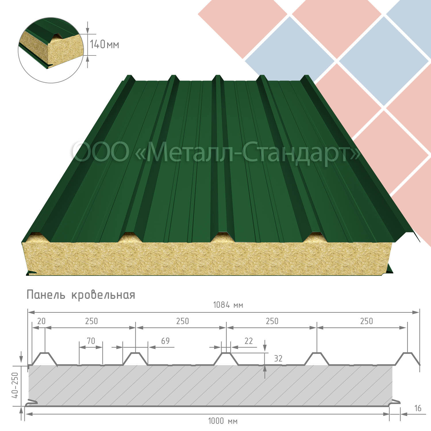 Кровельная сэндвич-панель 140 мм утеплитель минеральная вата RAL 6002 Лиственно-зелёный